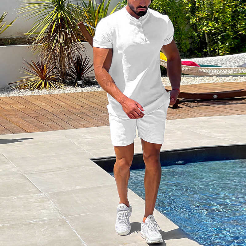 Men's Casual Shirts Vintage Loose Cotton Linen Outfits Homens Tops de Manga Curta E Shorts Conjuntos Vero Casual Moda Mens Two Piece Ternos Stree