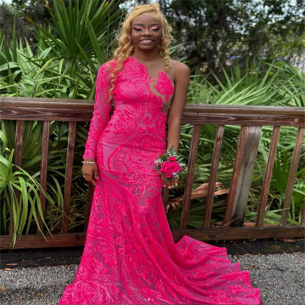 Hot Pink One Shoulder Evening Dress Long Sleeve Mermaid Sequin Prom Gowns For Black Girls Elegant Formal Occasion Birthday Wear Vestidos De Fiesta Noc