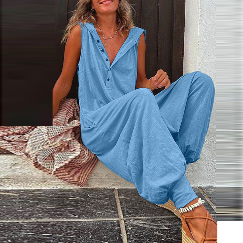 Women's Jumpsuits Rompers Vintage Button Jumpsuit Summer Women Causal Beach Cross-pants Playsuit Fashion Loose Solid Sleeveless Hooded Romper Str
