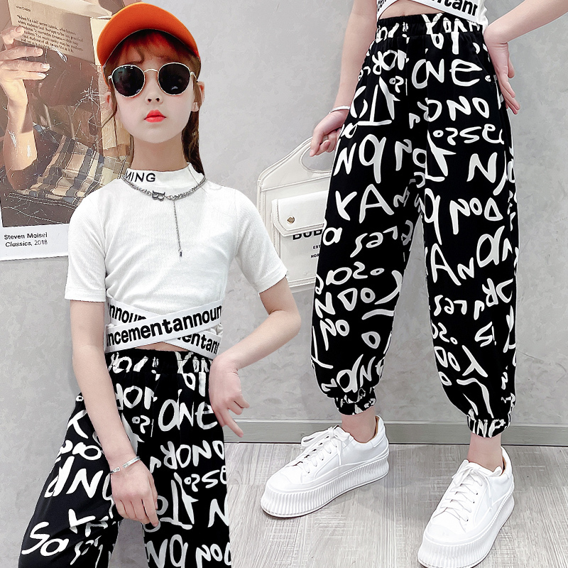 Clothing Sets Baby Girls Clothes Summer Outfits Letter Printed Slim Short T shirts Loose Sweat pants 5 6 7 8 9 10 11 12 13 Years Children sets 230504