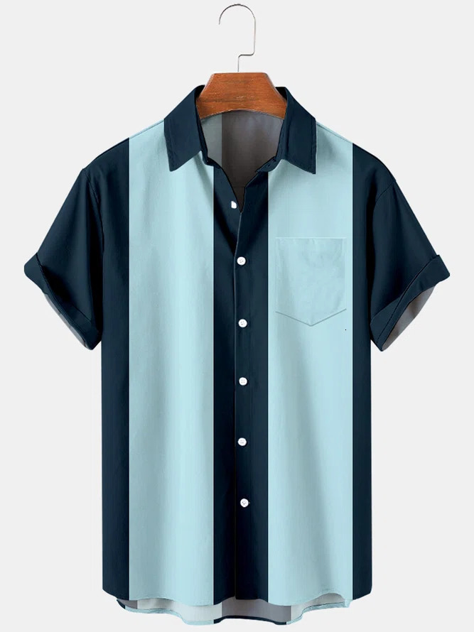 Men's Casual Shirts Basic 50s Style Bowling Shirt for Men Striped Casual Breathable Short Sleeve Shirts Summer Streetwear 230504