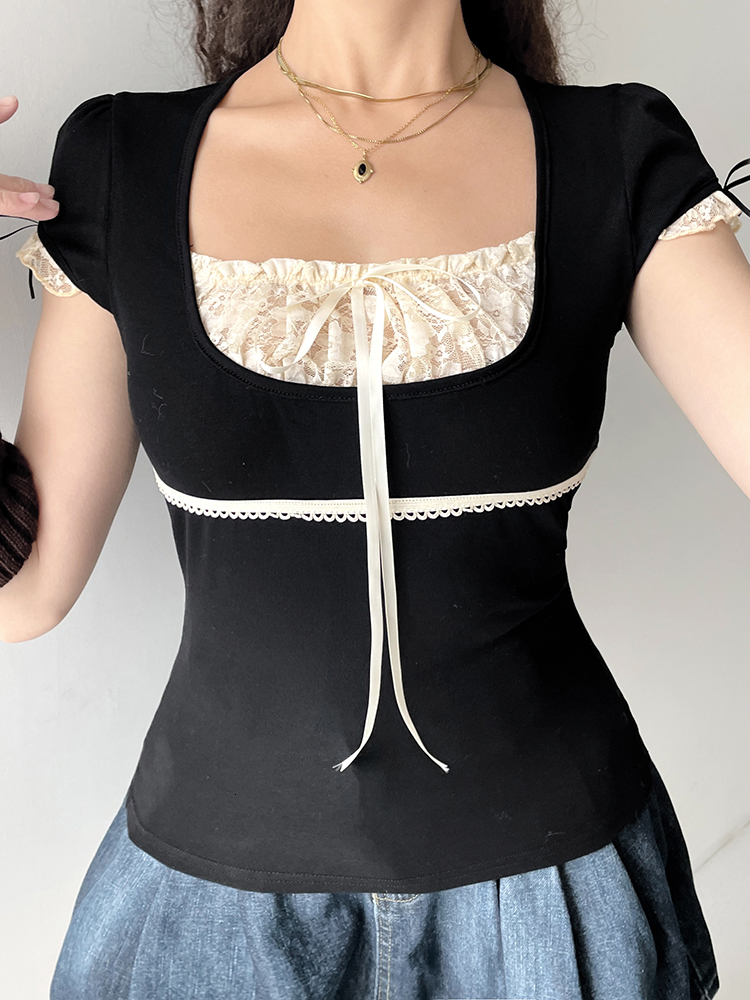 Womens TShirt Rapcopter y2k Lace Trim Crop Top Bow Cute Sweet Tee Short Sleeve Harajuku Casual T Shirt Women Prepply Retro Korean Top Summer 230503