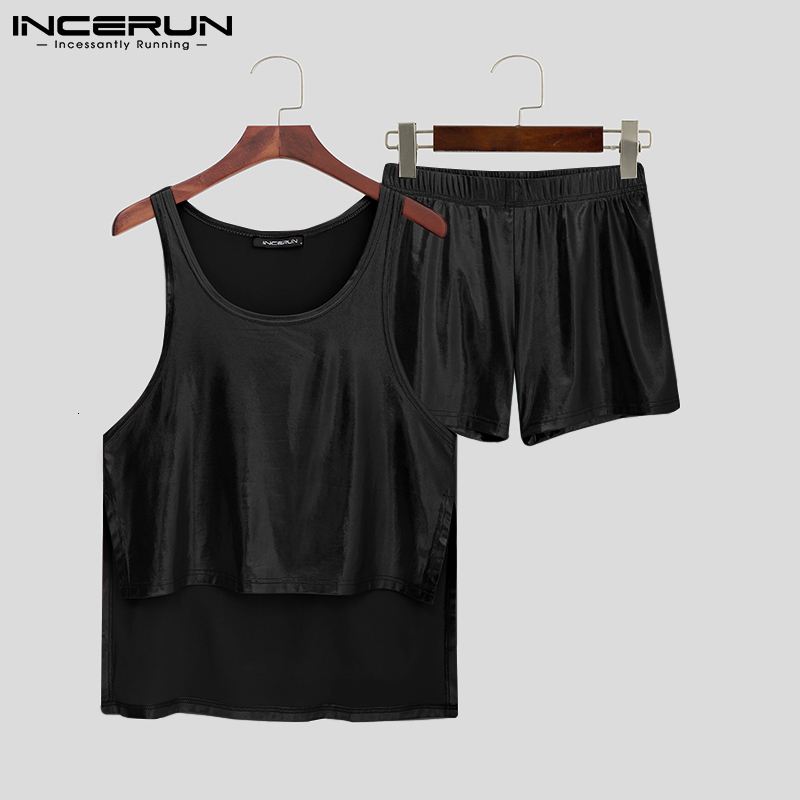Men's Sleepwear INCERUN Men Pajamas Sets Homewear O-neck Sleeveless Tank Tops Shorts 2PCS Solid Shiny Irregular Men Sleepwear Suits S-5XL 230503