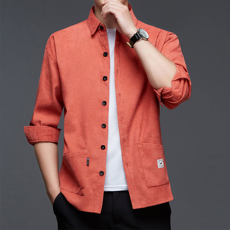 Men's Casual Shirts Stylish Solid Color Lapel Button Spliced Pockets Shirt Men's Clothing Autumn Oversized Casual Tops Loose Korean Shirts 2