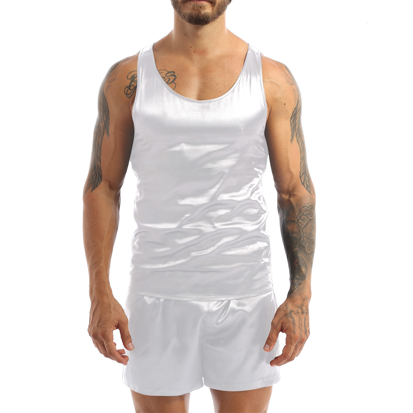 Men's Sleepwear ZDHoor Men Satin Pajamas Pyjamas Set Sleepwear Pijama Summer Homewear Sleeveless Tops Shorts Suit Two Piece Set Men Sleepwear 230