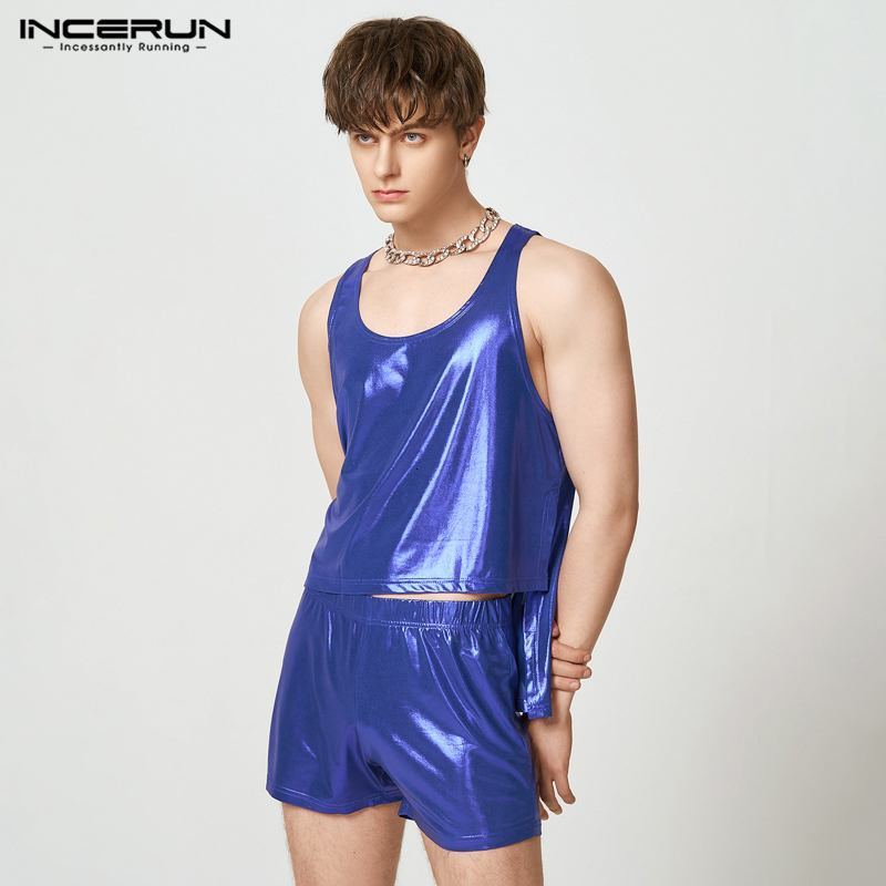 Men's Sleepwear INCERUN Men Pajamas Sets Homewear O-neck Sleeveless Tank Tops Shorts 2PCS Solid Shiny Irregular Men Sleepwear Suits S-5XL 230503