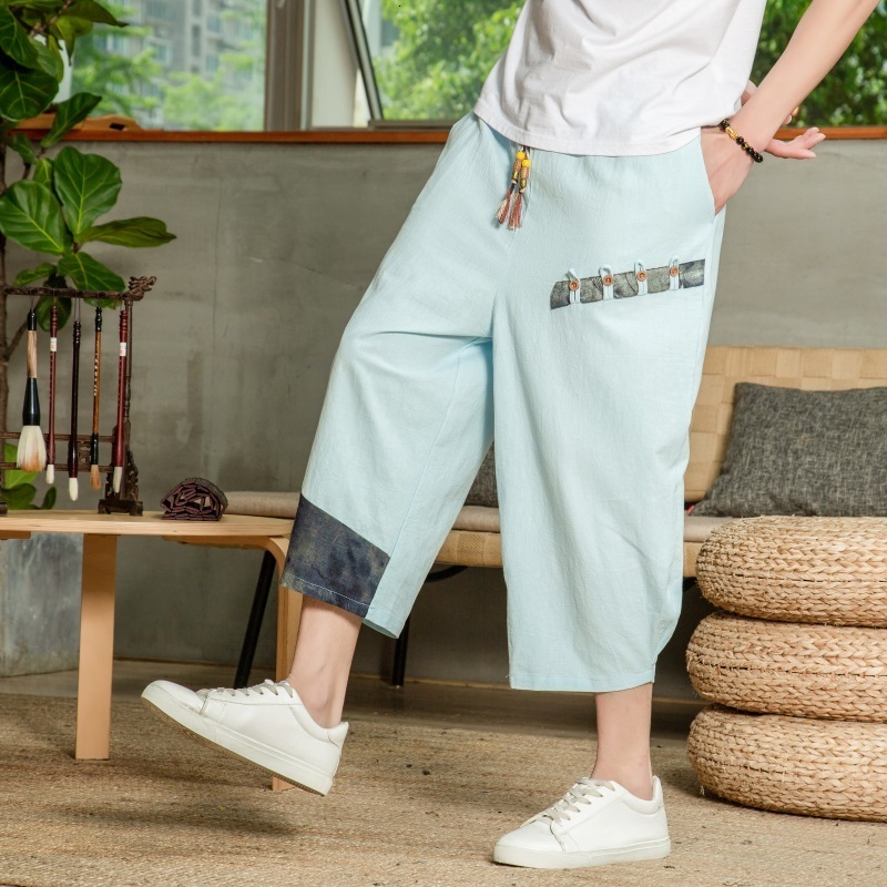 Men's Pants Japanese Cotton Linen Harem Pants Men Summer Breathable Linen Cropped Pants for Men Casual Elastic Waist Fitness Pants 230504