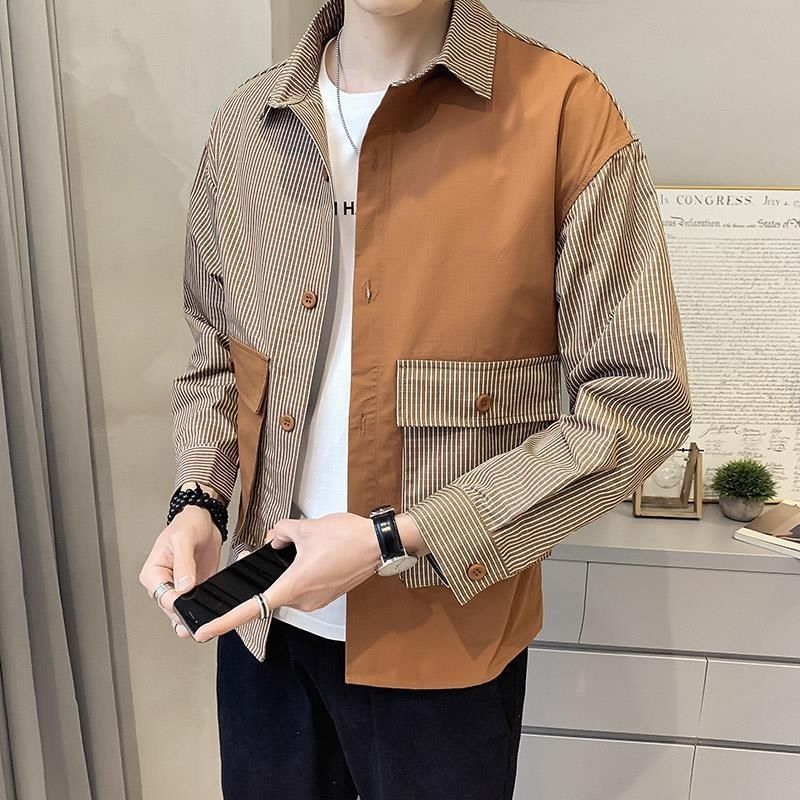Men's Casual Shirts Fashion Button Spliced Pockets Asymmetrical Striped Shirt Men's Clothing Autumn Oversized Casual Tops All-match Shirts 2