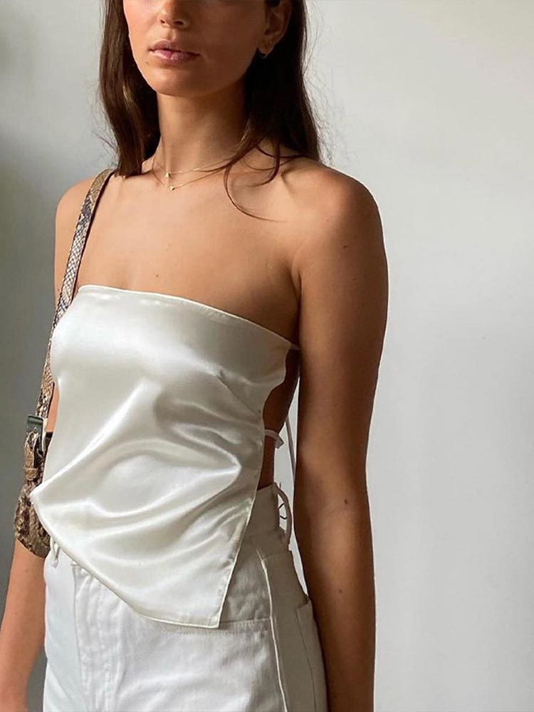 Camisoles Tanks Satin Backless Sexy Tube Top Women Green Y2K Summer Camis Bandage Sleeveless Strapless Tank Tops Off Shoulder Club 230503