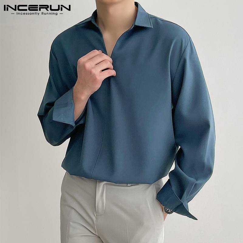 Men's Casual Shirts Solid Color Men Shirt Turn Down Collar Long Sleeve Korean Casual Men Clothing Loose Streetwear Leisure Camisa S-3XL INCERUN 2