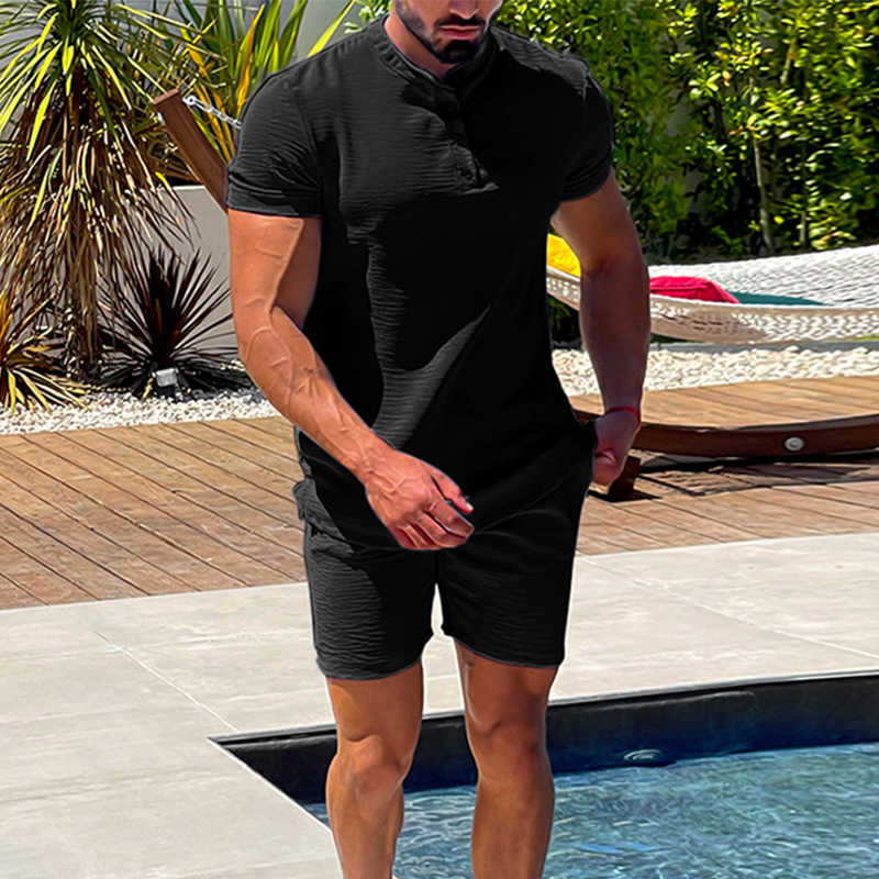 Men's Casual Shirts Vintage Loose Cotton Linen Outfits Homens Tops de Manga Curta E Shorts Conjuntos Vero Casual Moda Mens Two Piece Ternos Stree