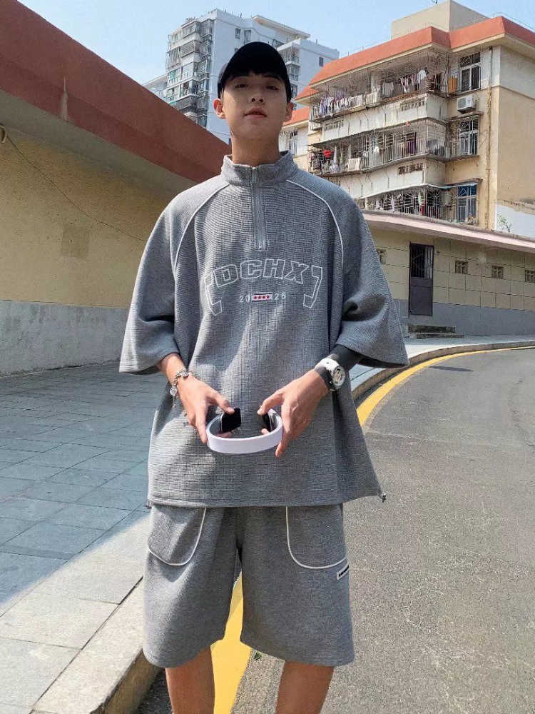 Men's Casual Shirts Waffle Casual Sports Suit Men's Korean Summer Hip Hop Trendy Handsome Shortsleeved Tshirt Shorts High Street Twopiece Su
