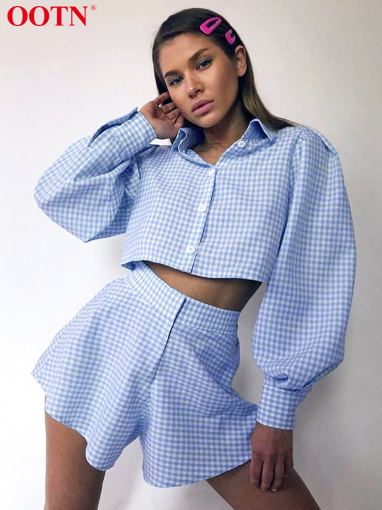 Women's Two Piece Pants OOTN Gingham Long Lantern Sleeve Female Set Crop Top Shirt With High Waist Shorts Summer Two Piece Set Elegant Women Shor