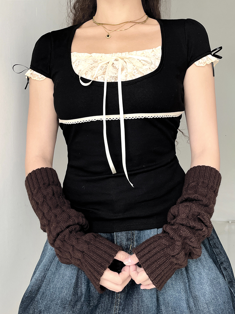 Womens TShirt Rapcopter y2k Lace Trim Crop Top Bow Cute Sweet Tee Short Sleeve Harajuku Casual T Shirt Women Prepply Retro Korean Top Summer 230503