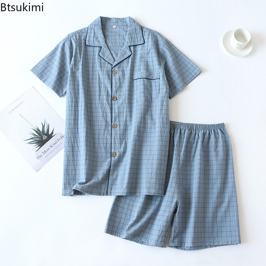 Men's Sleepwear Men's Summer PajamasThin Short-sleeved Shorts Soft Cotton Simple Japanese Plaid Home Service Suit Pantalon Pijama Hombre 230