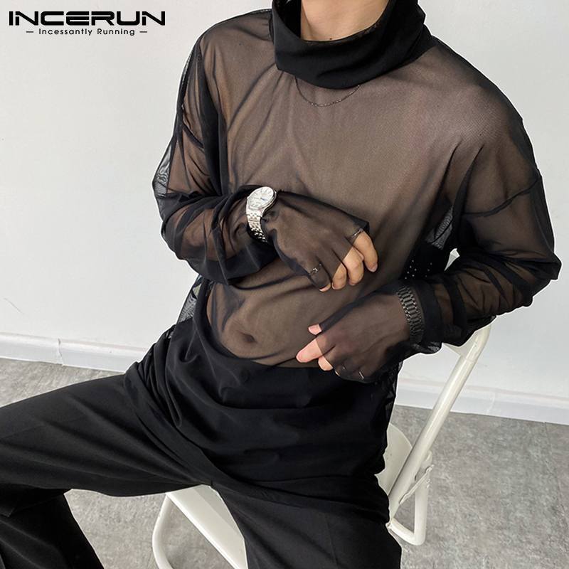 Men's T-Shirts Men T Shirt Mesh See Through Turtleneck Long Sleeve Sexy Tee Tops Underwear Streetwear Party Nightclub Camisetas INCERUN 230503