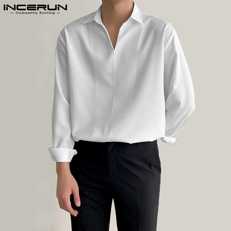 Men's Casual Shirts Solid Color Men Shirt Turn Down Collar Long Sleeve Korean Casual Men Clothing Loose Streetwear Leisure Camisa S-3XL INCERUN 2