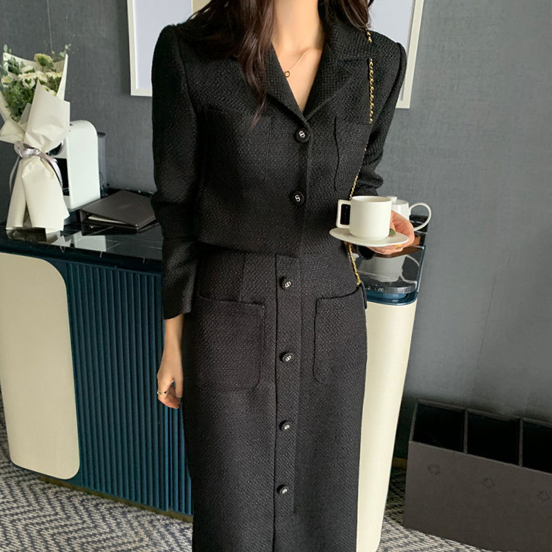 Two Piece Dress Moyizif Winter Woman Skirt Sets Lapel Pockets Solid Coat High Waist Split Skirts Two Piece Set Retro Korean Fashion Women Outfit 23050