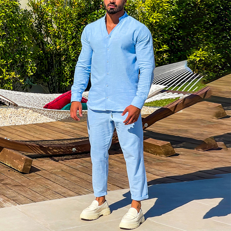 Mens Tracksuits Streetwear Fashion Cotton Linen Two Piece Sets Spring Summer Buttoned Stand Collar Shirt And Pants Suits Solid Clothing 230504