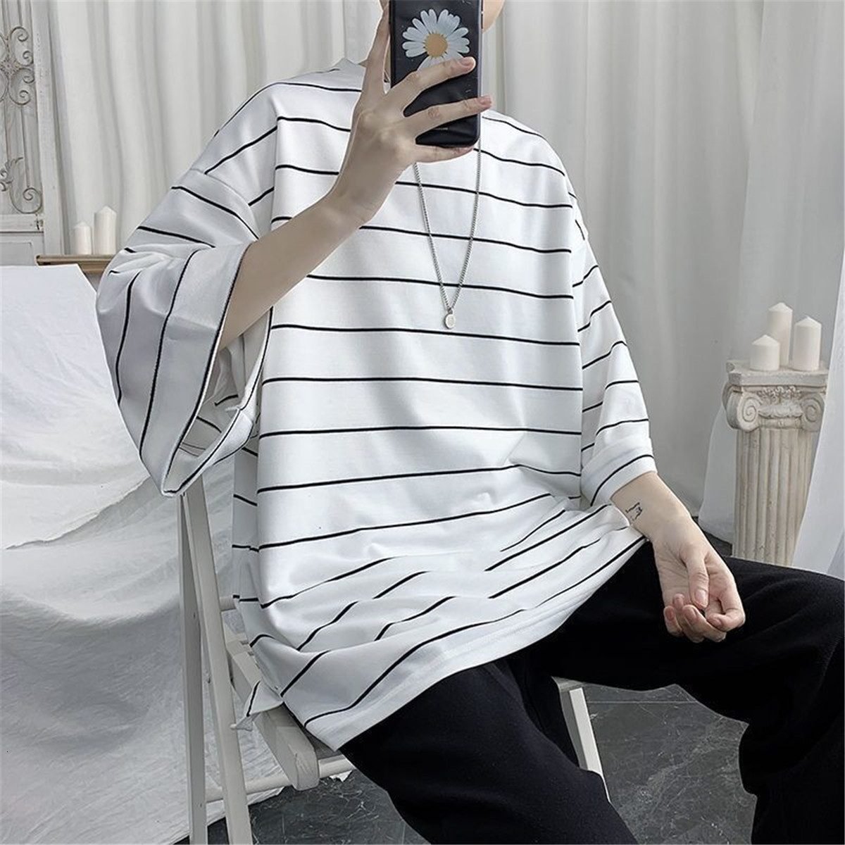 Men's T-Shirts Cool Summer Oversized T-Shirt Men Funny Harajuku Tshirt Streetwear Femme Striped Japan Hip Hop Loose Half Sleeve T Shirts Male 230