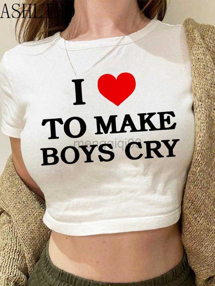 Women's T-Shirt Women Y2k Crop Tops I Love To Make Boy Cry Letter Print Harajuku Summer T-Shirt Short Sleeve Funny Kaii Streetwear Cropped Top Y2