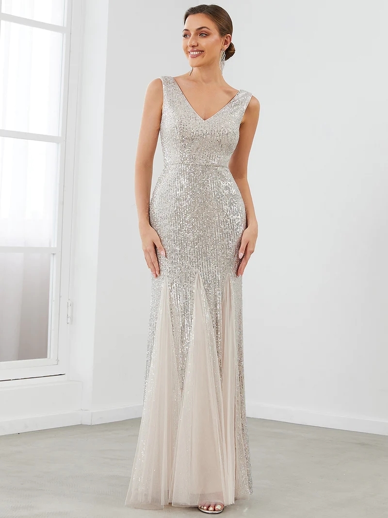 Party Dresses Elegant Evening Dresses Long V-Neck Sleeveless Floor-Length Ever Pretty of Charcoal Sequin Mermaid Simple Prom Women Dress 230504