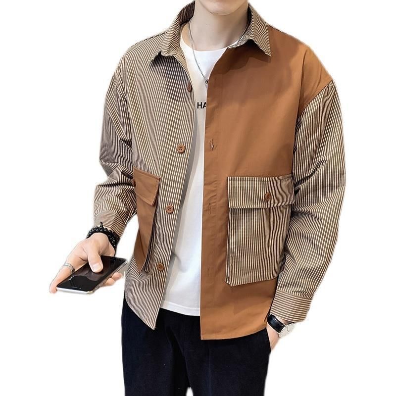 Men's Casual Shirts Fashion Button Spliced Pockets Asymmetrical Striped Shirt Men's Clothing Autumn Oversized Casual Tops All-match Shirts 2