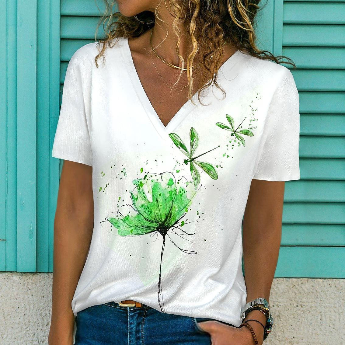 Womens TShirt Summer Women Short Sleeve Vneck Oversized T Shirt for Women White Fashion Ladies Tshirt 3d Dragonfly Print Top Casual Clothes 230503