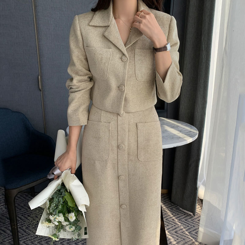 Two Piece Dress Moyizif Winter Woman Skirt Sets Lapel Pockets Solid Coat High Waist Split Skirts Two Piece Set Retro Korean Fashion Women Outfit 23050