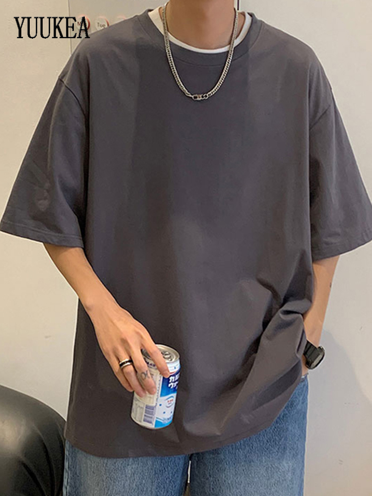 Men's T-Shirts YUUKEA Summer Solid O Neck Short Sleeve T-shirt Men Casual Oversized Trendy Tees Male Streetwear Loose Cotton Simple Base Tops 230
