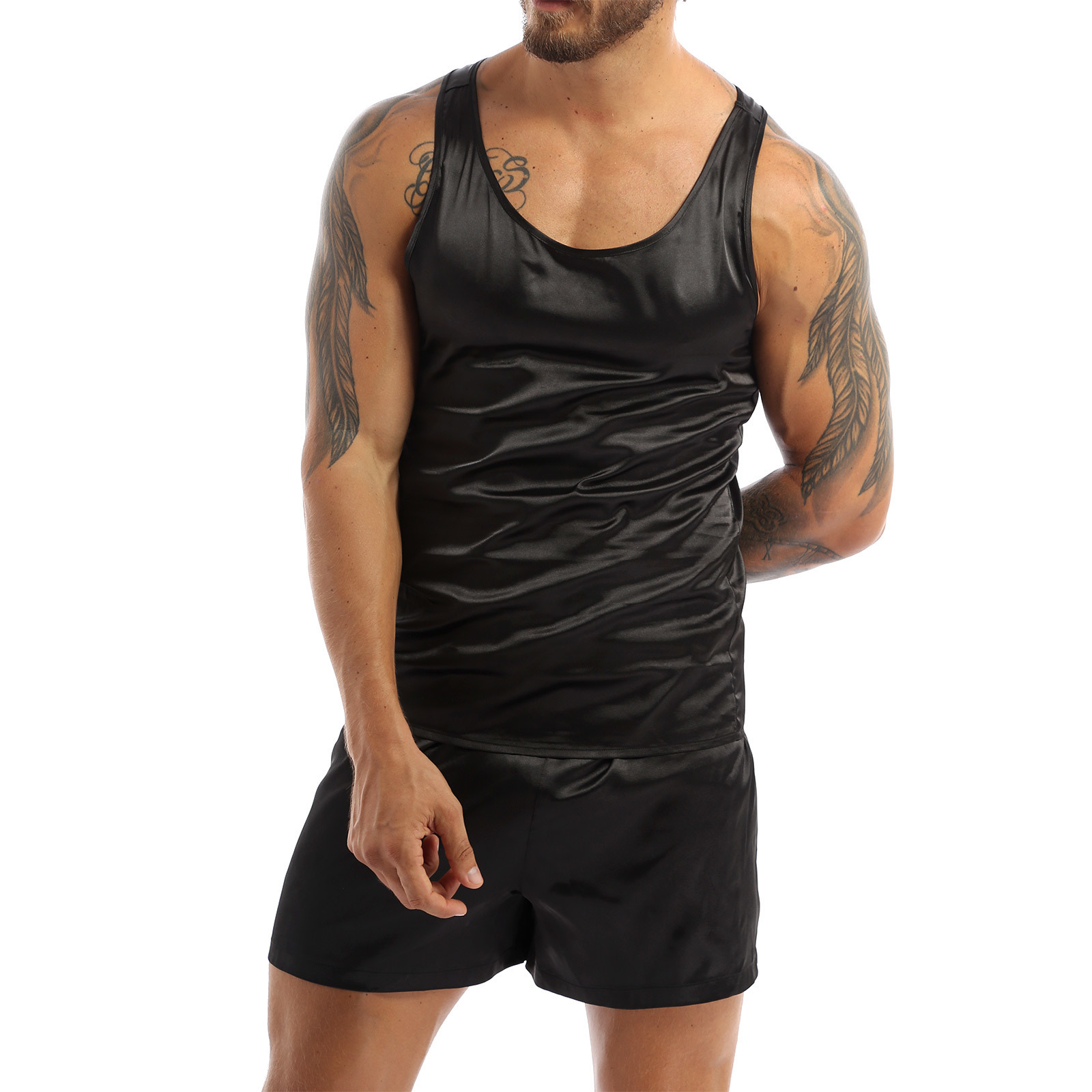 Men's Sleepwear ZDHoor Men Satin Pajamas Pyjamas Set Sleepwear Pijama Summer Homewear Sleeveless Tops Shorts Suit Two Piece Set Men Sleepwear 230