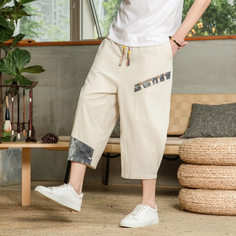 Men's Pants Japanese Cotton Linen Harem Pants Men Summer Breathable Linen Cropped Pants for Men Casual Elastic Waist Fitness Pants 230504