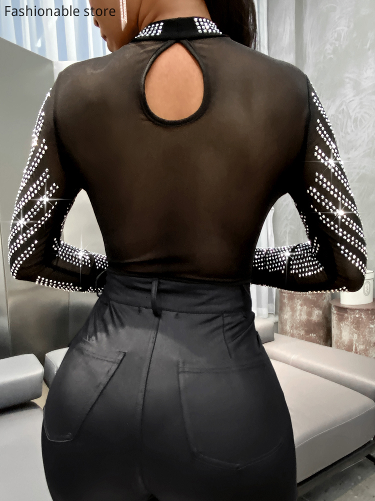 Women's Jumpsuits Rompers Sexy Glitter Shiny Bodycon Bodysuit Long Sleeve See Through Transparent Jumpsuit 230503