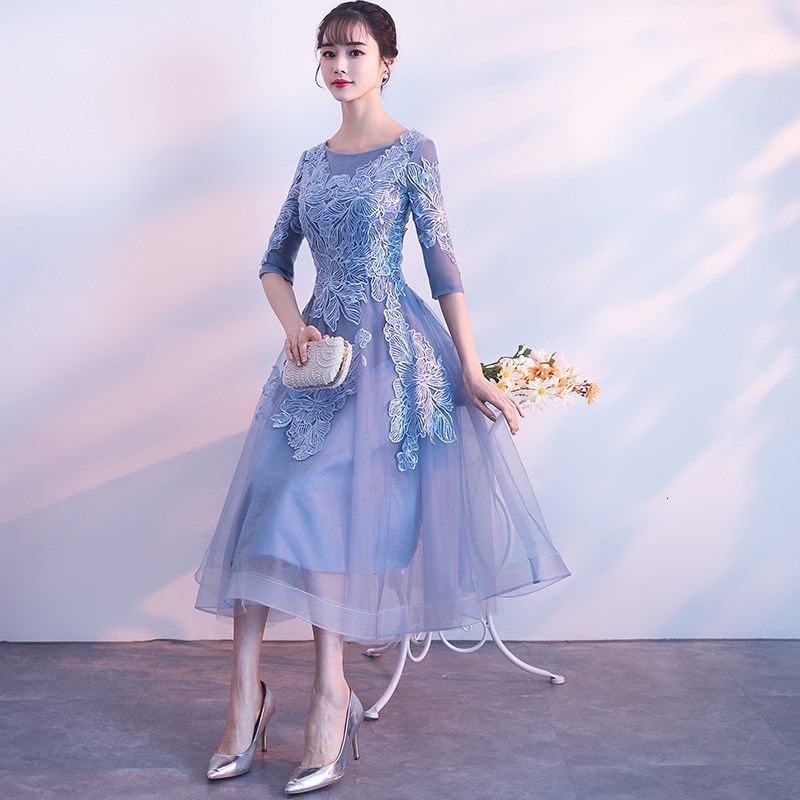 Party Dresses Evening Dress Style Illusion O-neck Half Sleeve a Line Prom Party Dress Appliques Flower Tea Length Robe De Soiree 230504