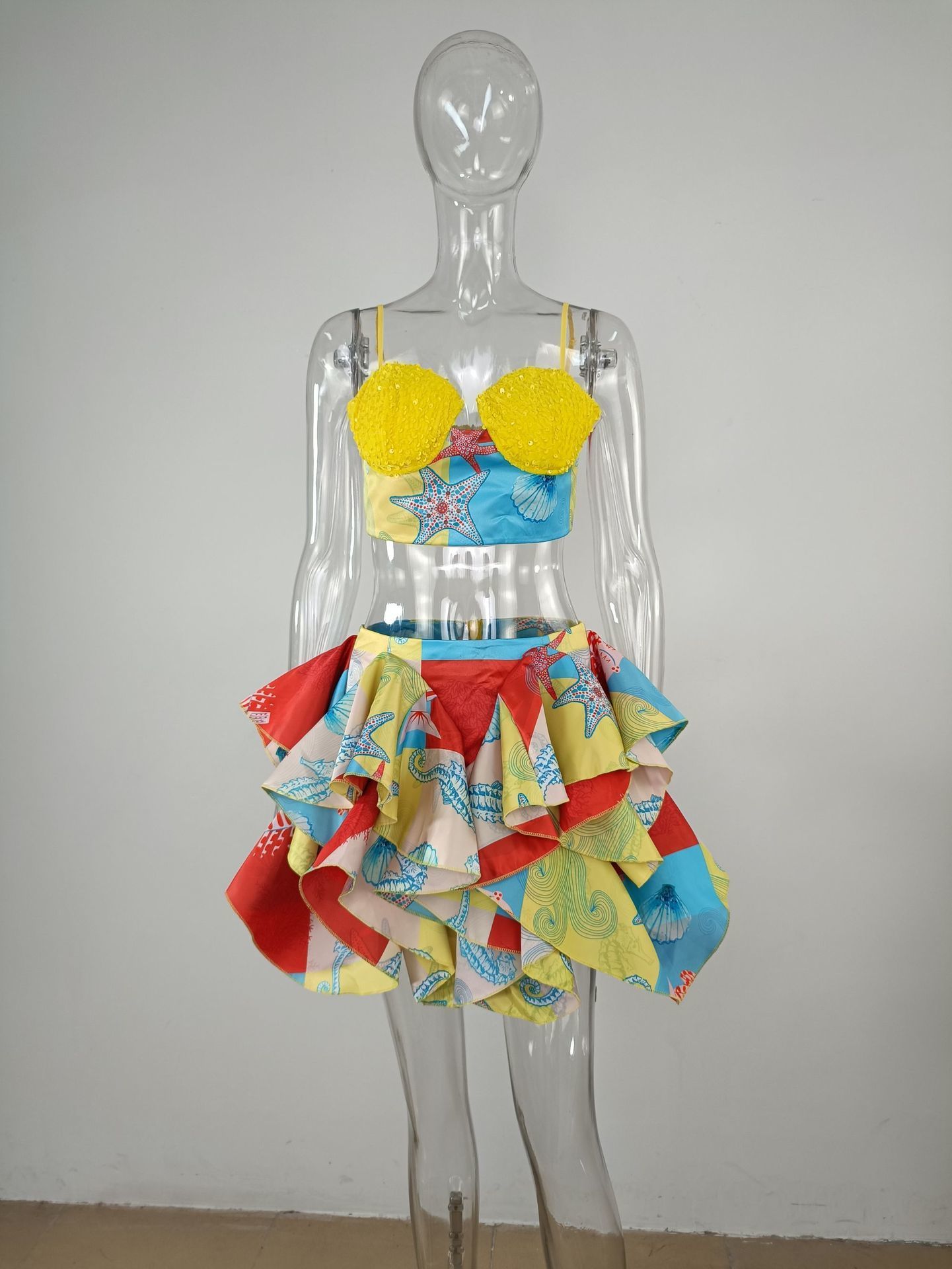 Women s Two Piece Pants CM YAYA Set Sequined Crop Top and Starfish Cascading Ruffles Skirt Shorts 2023 Beach Outfit 2 Tracksuit 230522