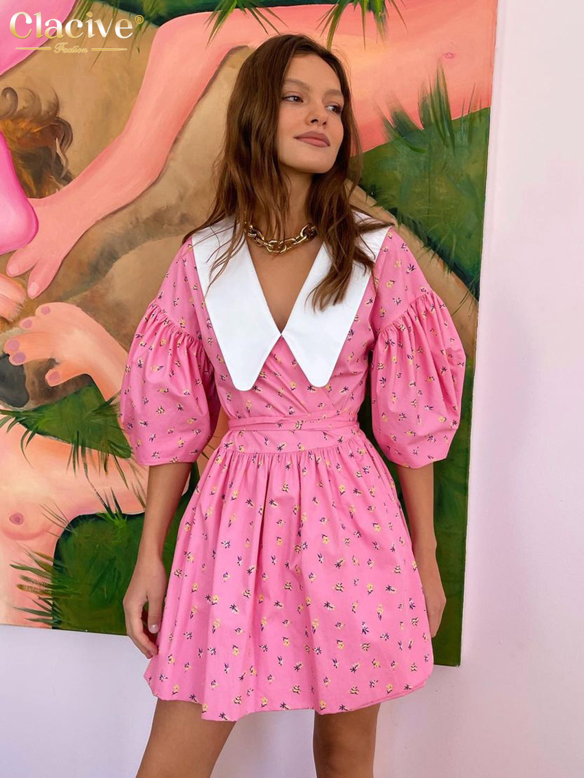 Casual Dresses Clacive Fashion Slim Print Women Summer Doll Collar Short Sleeve Mini Elegant High Waist Pleated Female 230504
