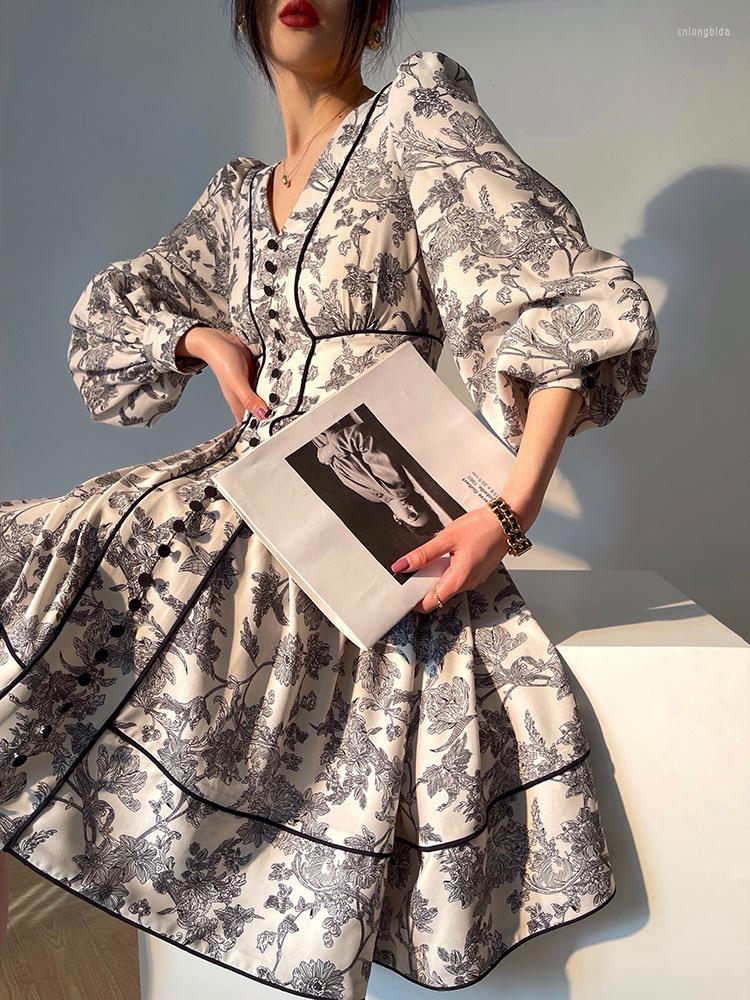 Casual Dresses Vintage Print High Waist Long Midi Dress Women 2023 Spring Summer V-neck Lantern Sleeve Button Luxury Party Female Vestido