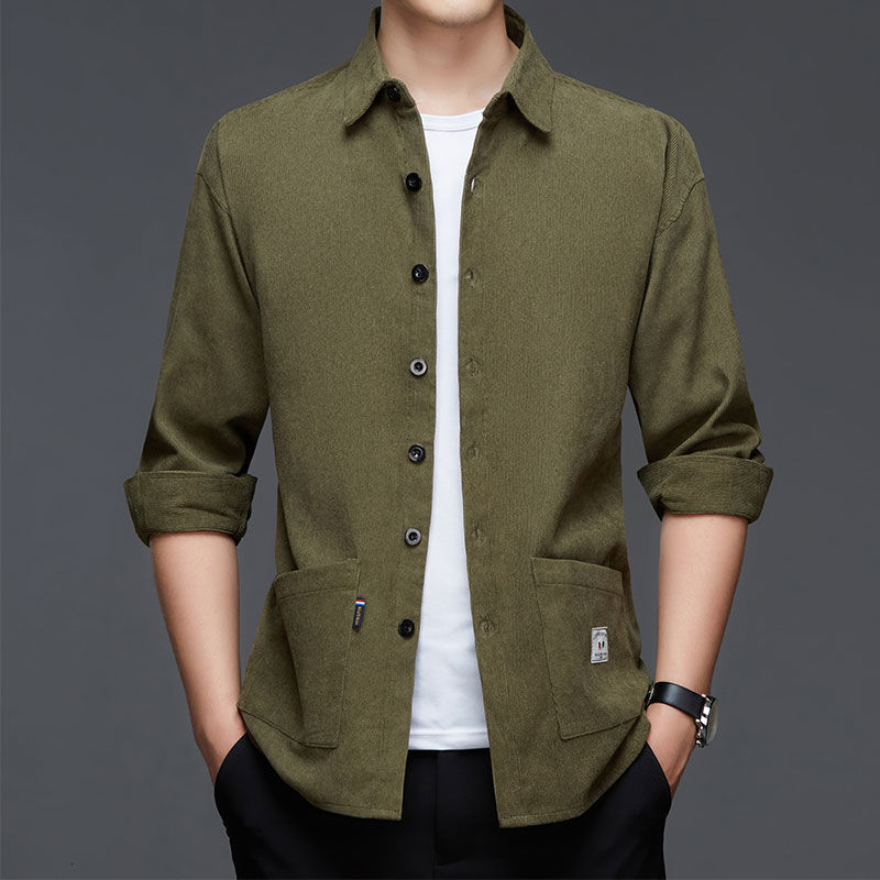 Men's Casual Shirts Stylish Solid Color Lapel Button Spliced Pockets Shirt Men's Clothing Autumn Oversized Casual Tops Loose Korean Shirts 2