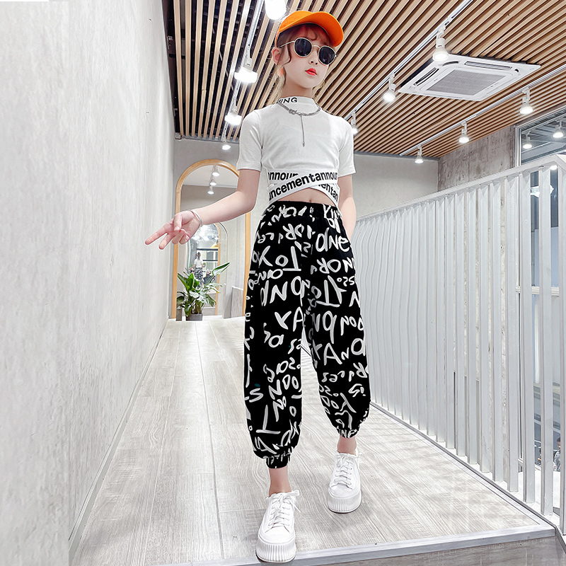 Clothing Sets Baby Girls Clothes Summer Outfits Letter Printed Slim Short T shirts Loose Sweat pants 5 6 7 8 9 10 11 12 13 Years Children sets 230504