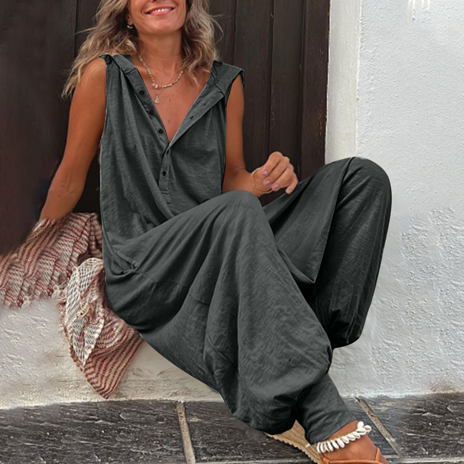 Women's Jumpsuits Rompers Vintage Button Jumpsuit Summer Women Causal Beach Cross-pants Playsuit Fashion Loose Solid Sleeveless Hooded Romper Str