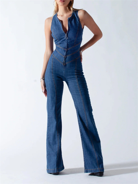 Women's Jumpsuits Rompers Blue Backless Heart Cutout Bodycon Jumpsuit For Women Summer Sleeveless Slim Outfits Retro Denim Jumpsuits 230503