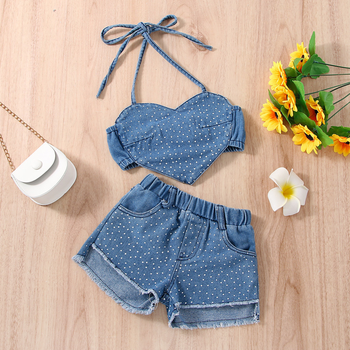 Clothing Sets FOCUSNORM Valentines Day Toddler Girl Summer Clothes 2pcs Dot Print Heart Denim Camisole Ripped Jeans Shorts 230504