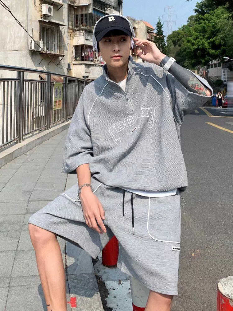 Men's Casual Shirts Waffle Casual Sports Suit Men's Korean Summer Hip Hop Trendy Handsome Shortsleeved Tshirt Shorts High Street Twopiece Su