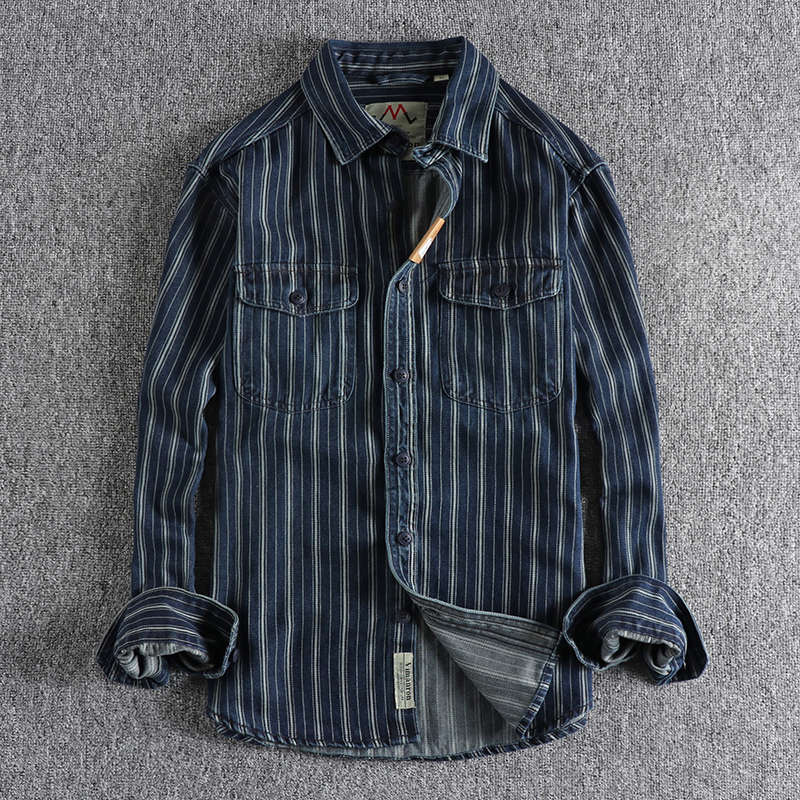 Men's Casual Shirts Autumn and winter yarn-dyed striped wash jeans long-sleeved shirt man retro trend with classic shirt 230504