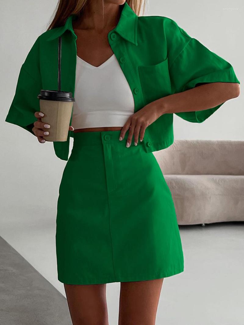 Work Dresses 2023 High Street 2 Pieces Skirts Sets Lapel Short Sleeve Shirts Outwear Summer Outfit Waist A-Line Mini Suits Women