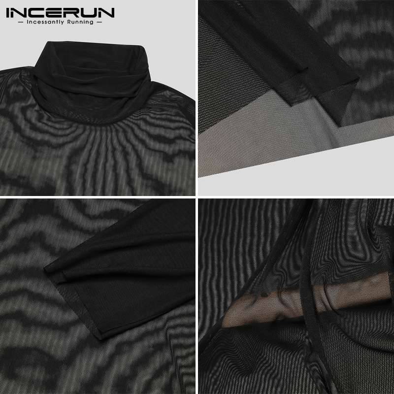 Men's T-Shirts Men T Shirt Mesh See Through Turtleneck Long Sleeve Sexy Tee Tops Underwear Streetwear Party Nightclub Camisetas INCERUN 230503