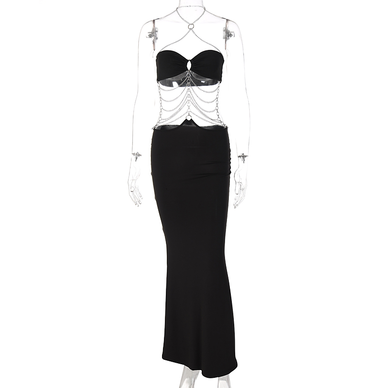 Casual Dresses Hugcitar Pure Color Chain Halter Bandage Long Sleeve Backless Revealing Slim Maxi Dress Fall Women Fashion Elegant Y2K 230504