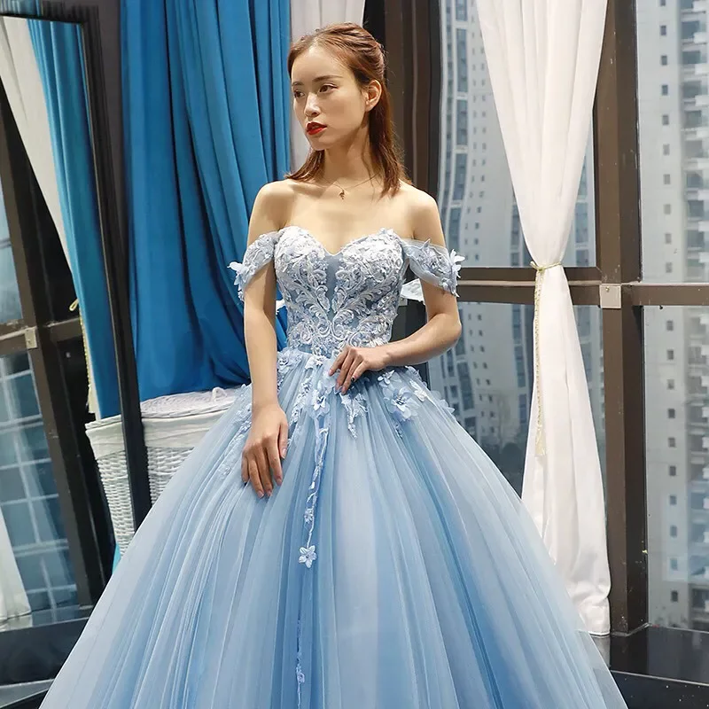 Sky Blue Quinceanera Ball Gown Off Shoulder 3D Flowers Appliques Sweet 16 Dresses Prom Party Gowns Vestidos NEW
