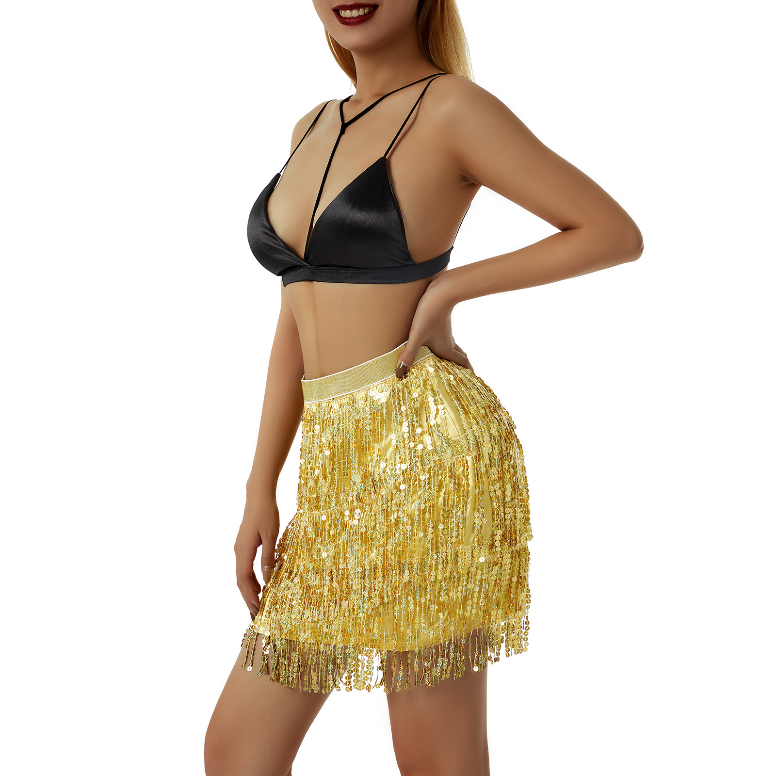 Skirts Women Sequined Fringe Skirt Glitters Elastic Waist Miniskirt Mini Skirt for Dance Rave Party BlackSilverGoldRed 230503
