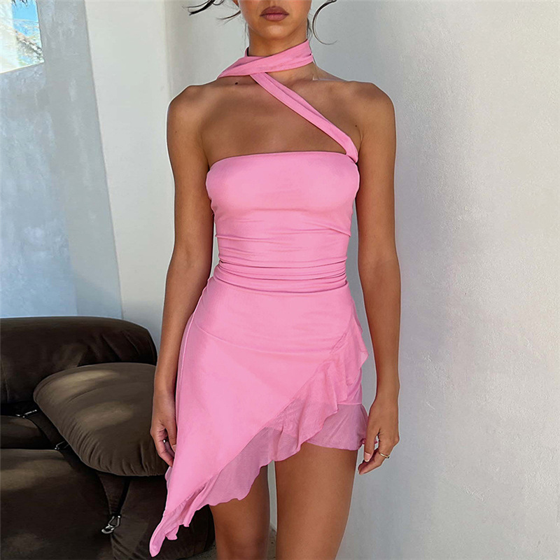 Prom dress Halter Neck Ruffle Mini Dress wed dress Pink Strapless Asymmetrical Bodycon Summer Dress Elegant Party Dress For Women 2023